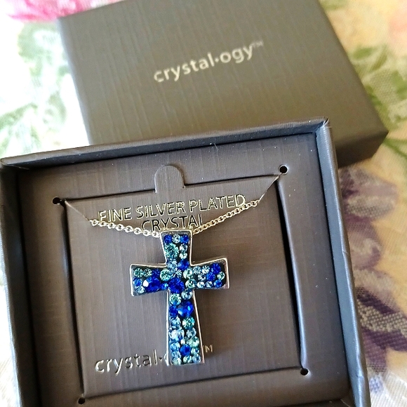 NWT Crystalogy Fine Silverplated Blue Crystal Cross - Picture 1 of 7